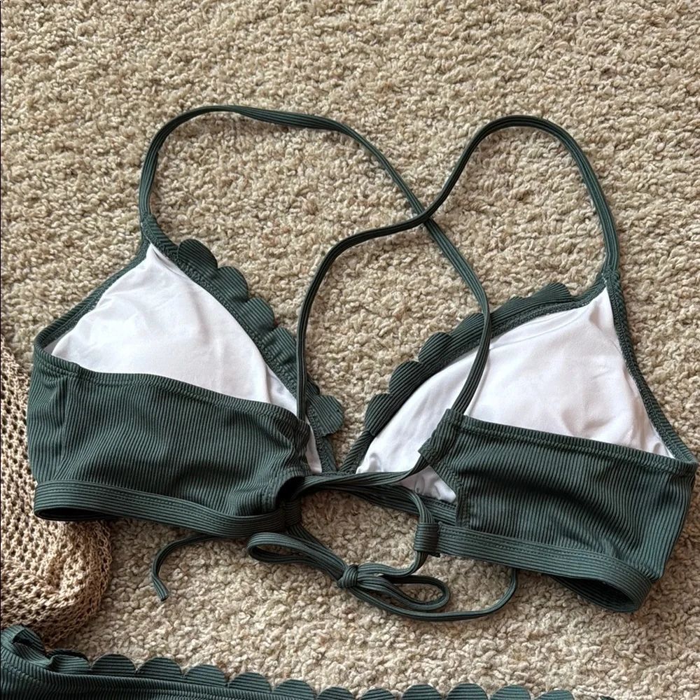 Green scalloped Bikini Set with Lace-Up Top and midi coverup - Picture 4 of 6
